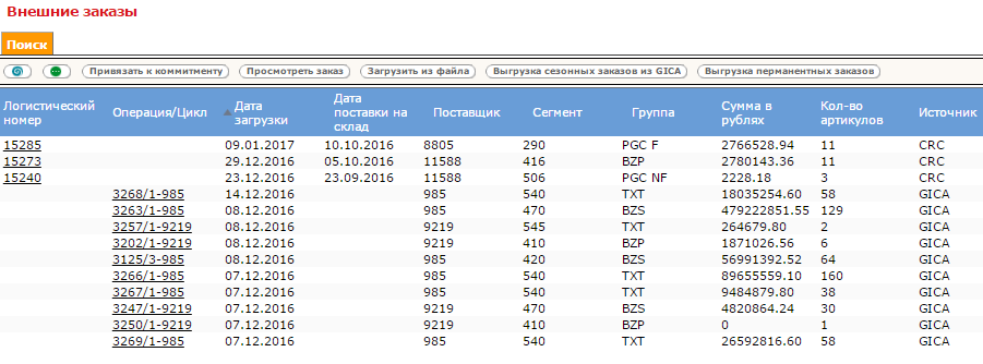 Фрагмент экрана системы управления заказами, созданными во внешних системах